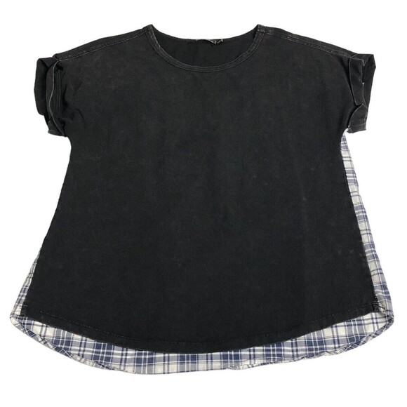 Doe & Rae Tops - Doe & Rae Top Womens S Black Cuffed Short Sleeve Plaid Back Faded Vintage Style
